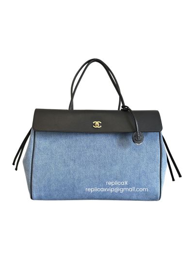 Chanel XXL Large Urban Essential Shopping Tote Bag Black Calfskin and Denim Blue Fabric AS6289