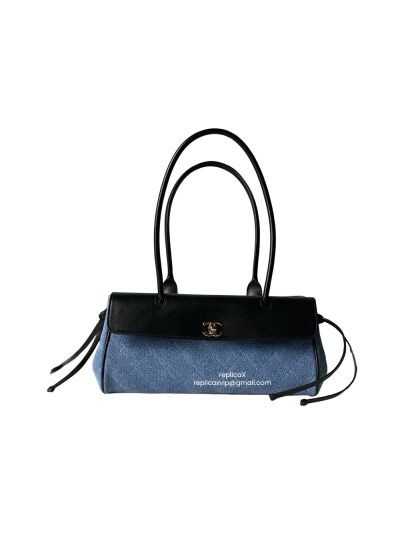 Chanel Small Shopping Bag Black Grained Calfskin and Denim Blue Fabric AS6288