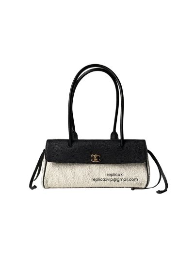 Chanel Small Shopping Bag Black Grained Calfskin and Beige Fabric AS6288