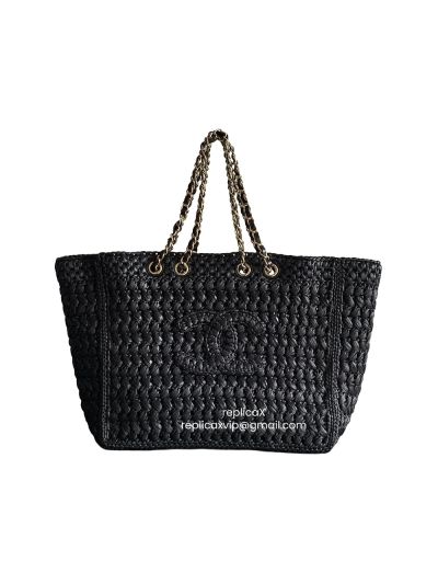 Chanel Coco Beach CC Logo Shopping Tote Bag Black Raffia and Calfskin