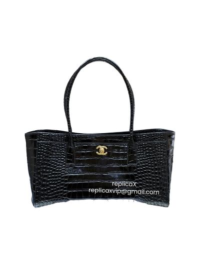 Chanel Vip Large Executive Cerf Shopping Tote Bag Black Crocodile Embossed Leather AS6243