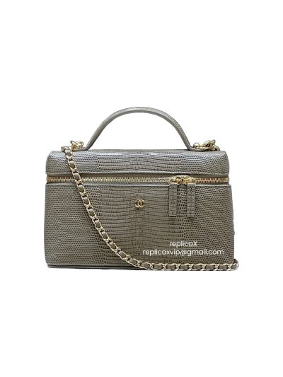 Chanel Vip Long Chain Vanity Case Top Handle Shoulder Bag Dark Khaki Lizard Embossed Calfskin Leather AP5100