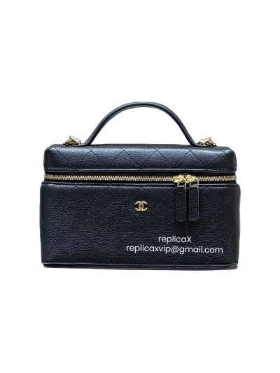 Chanel Vip Long Chain Vanity Case Top Handle Shoulder Bag Black Grained Calfskin Leather AP5100