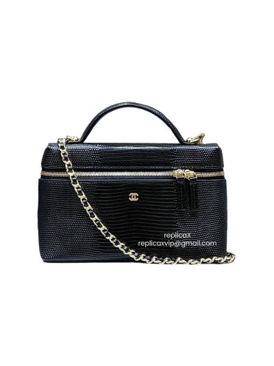 Chanel Vip Long Chain Vanity Case Top Handle Shoulder Bag Black Lizard Embossed Calfskin Leather AP5100