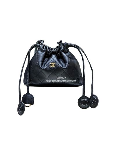 Chanel Vip Drawstring Clutch Bag with Leather Strap Black Lambskin AP5228