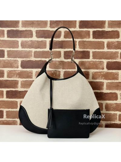 Gucci B Medium Hobo Shoulder Bag Canvas and Calf Leather 815924 Beige/Black GG Canvas