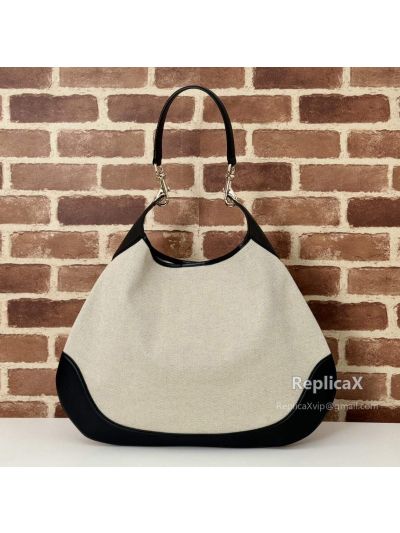 Gucci B Medium Hobo Shoulder Bag Canvas and Calf Leather 815924 Beige/Black GG Canvas