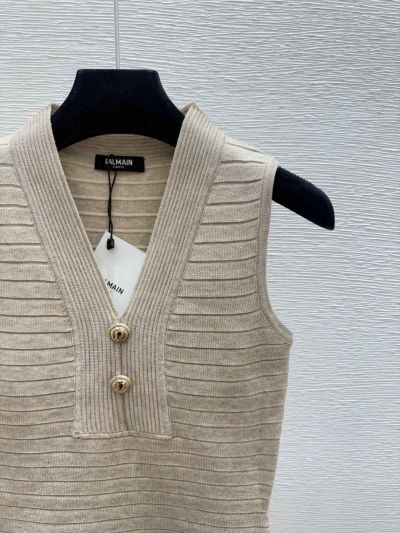 Balmain V-Neck Button-Front Vest in Khaki