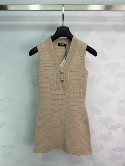 Balmain V-Neck Sleeveless Dress in Beige