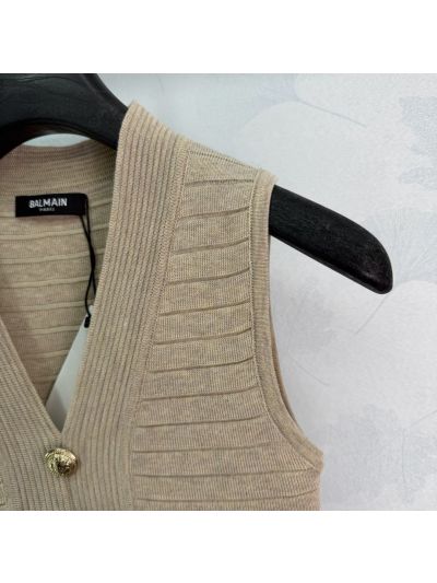 Balmain V-Neck Sleeveless Dress in Beige