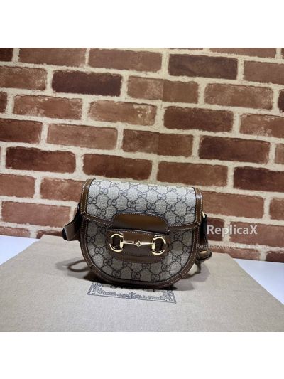 Gucci Beige GG Canvas and Brown Leather Horsebit 1955 Mini Rounded Shoulder Bag 760191
