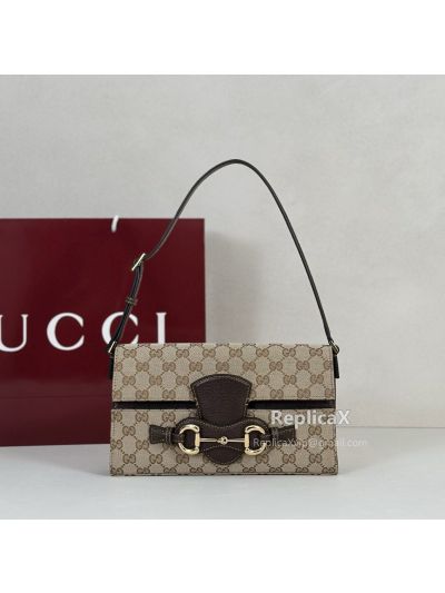 Gucci Beige GG Canvas and Brown Leather Horsebit 1955 Small Shoulder Bag 764155