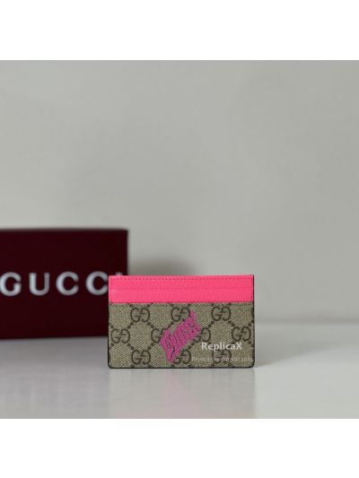 Gucci Bi-color Card Case with Print 835322 in Beige/Ebony GG Supreme with Fluorescent Pink Trim Logo