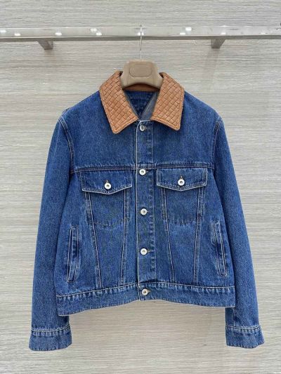 Bottega Veneta Lambskin Button-Front Jacket in Blue and Brown