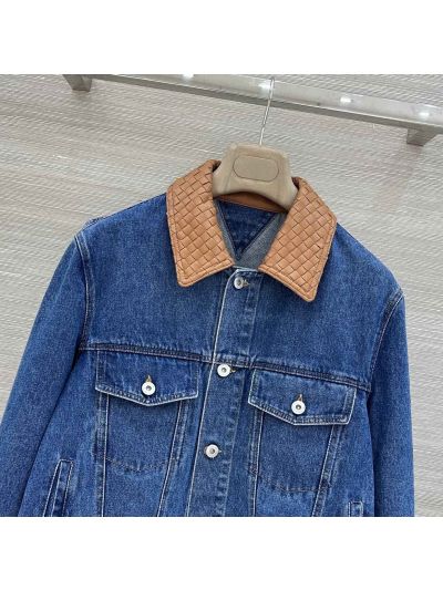 Bottega Veneta Lambskin Button-Front Jacket in Blue and Brown