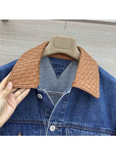 Bottega Veneta Lambskin Button-Front Jacket in Blue and Brown