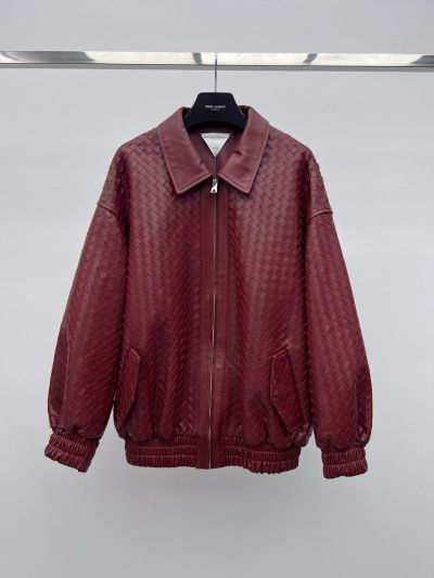 Bottega Veneta Leather Balloon Sleeve Coat in Burgundy and Pink