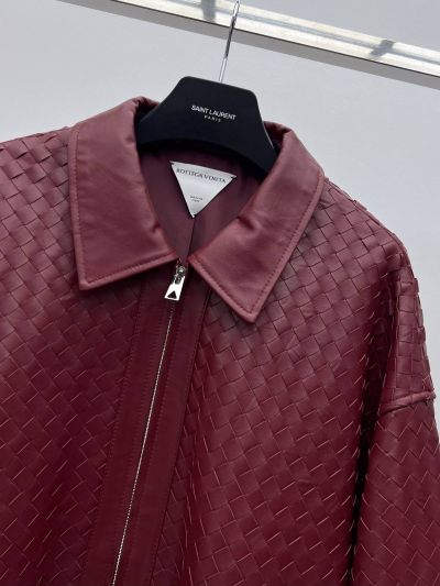 Bottega Veneta Leather Balloon Sleeve Coat in Burgundy and Pink