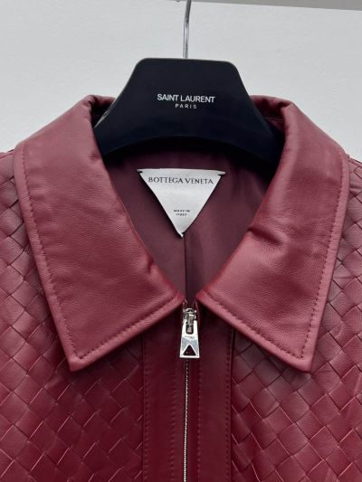 Bottega Veneta Leather Balloon Sleeve Coat in Burgundy and Pink