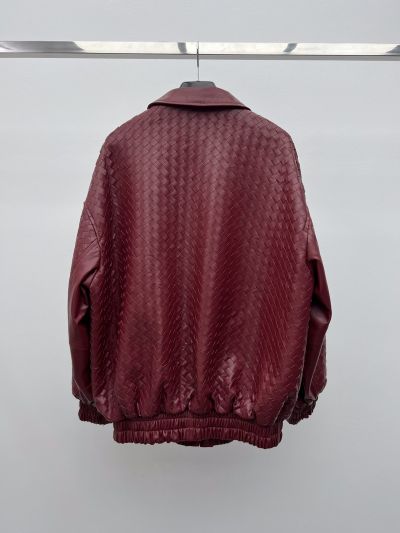 Bottega Veneta Leather Balloon Sleeve Coat in Burgundy and Pink