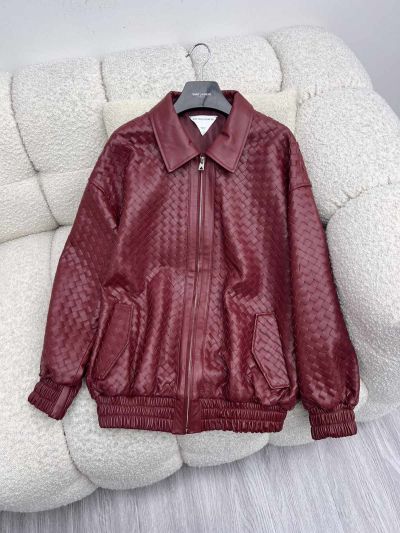 Bottega Veneta Leather Balloon Sleeve Coat in Burgundy and Pink