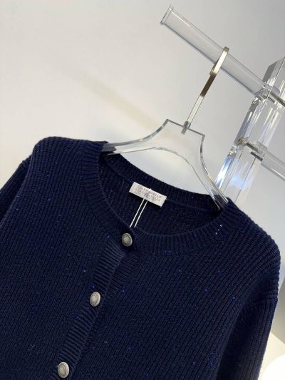 Brunello Cucinelli Button-Front Crew Neck Cardigan in Navy