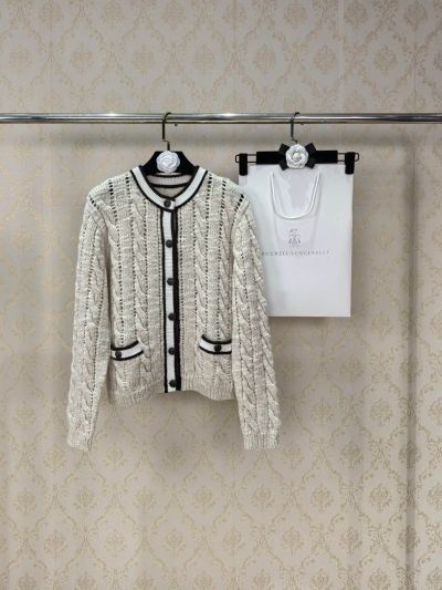 Brunello Cucinelli Crew Neck Openwork Cardigan in Beige and Black