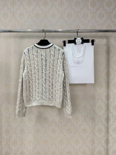 Brunello Cucinelli Crew Neck Openwork Cardigan in Beige and Black