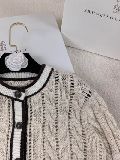 Brunello Cucinelli Crew Neck Openwork Cardigan in Beige and Black