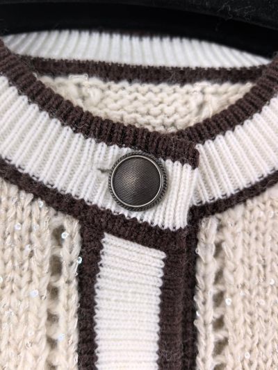 Brunello Cucinelli Crew Neck Openwork Cardigan in Beige and Black