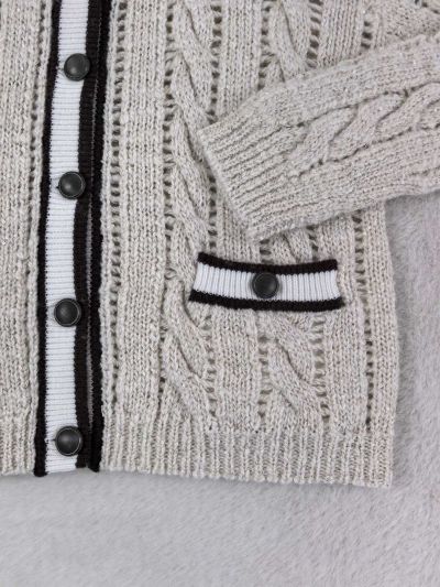 Brunello Cucinelli Crew Neck Openwork Cardigan in Beige and Black