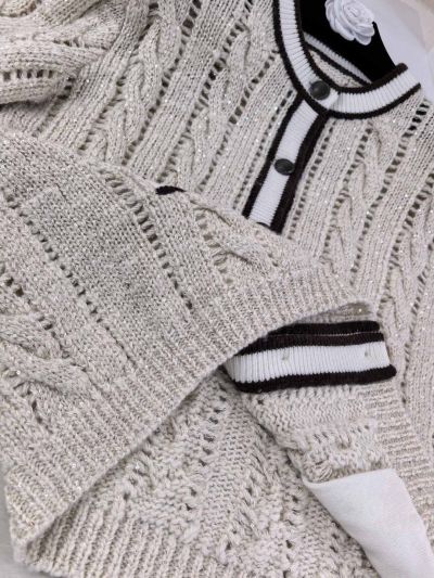 Brunello Cucinelli Crew Neck Openwork Cardigan in Beige and Black