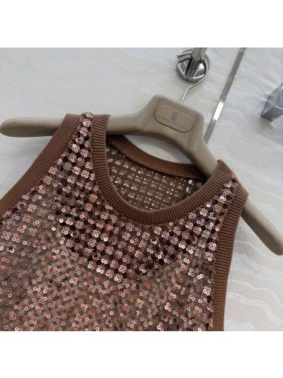 Brunello Cucinelli Embroidered Linen Top in Brown