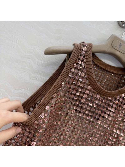 Brunello Cucinelli Embroidered Linen Top in Brown