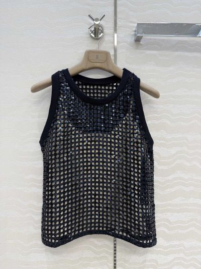 Brunello Cucinelli Embroidered Linen Top in Navy
