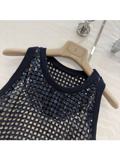 Brunello Cucinelli Embroidered Linen Top in Navy