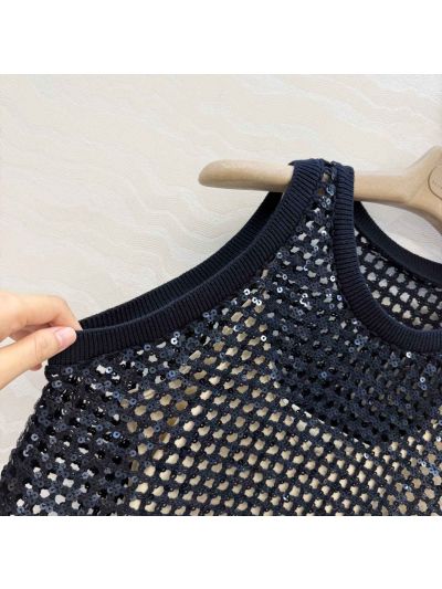 Brunello Cucinelli Embroidered Linen Top in Navy