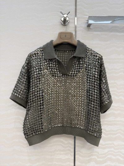 Brunello Cucinelli Embroidered Linen Top in Silver