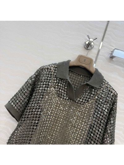 Brunello Cucinelli Embroidered Linen Top in Silver