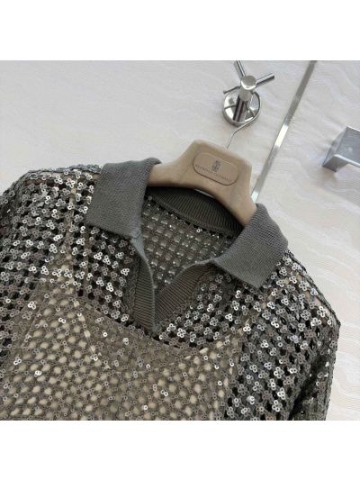 Brunello Cucinelli Embroidered Linen Top in Silver