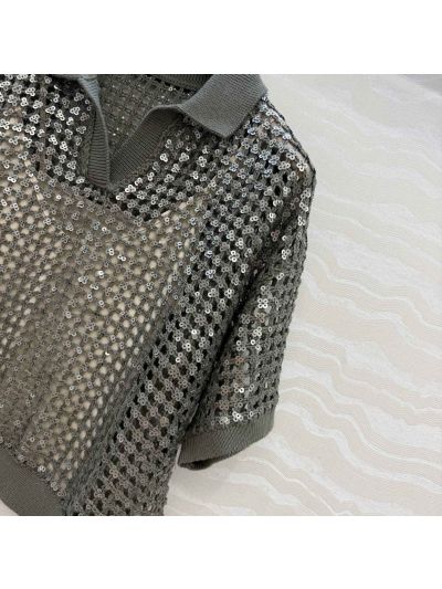 Brunello Cucinelli Embroidered Linen Top in Silver