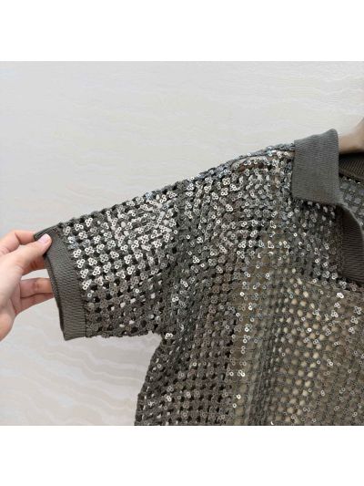 Brunello Cucinelli Embroidered Linen Top in Silver