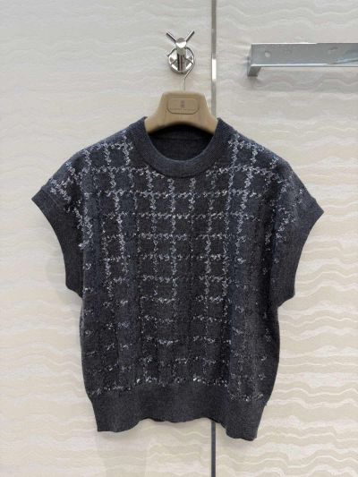 Brunello Cucinelli Embroidered Sequin Top in Navy