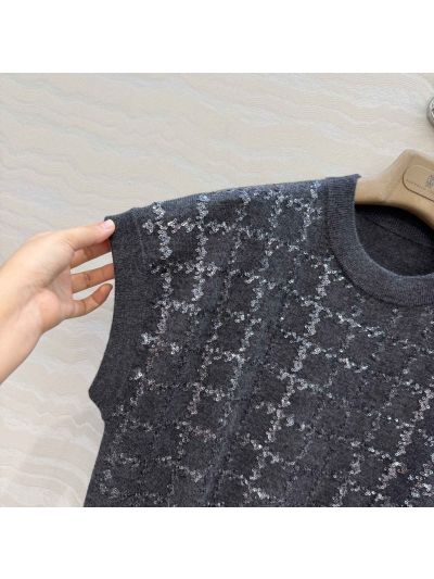 Brunello Cucinelli Embroidered Sequin Top in Navy