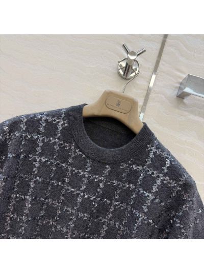 Brunello Cucinelli Embroidered Sequin Top in Navy