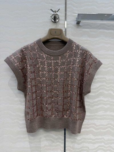 Brunello Cucinelli Embroidered Short Sleeve Top in Brown