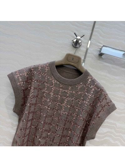 Brunello Cucinelli Embroidered Short Sleeve Top in Brown