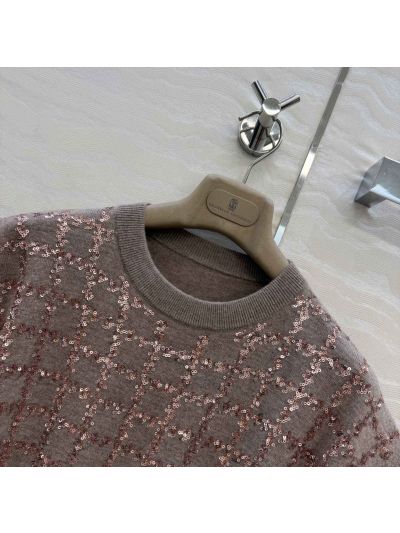 Brunello Cucinelli Embroidered Short Sleeve Top in Brown