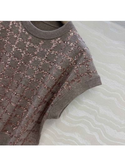 Brunello Cucinelli Embroidered Short Sleeve Top in Brown