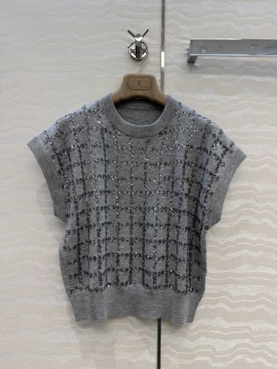 Brunello Cucinelli Embroidered Short Sleeve Top in Grey